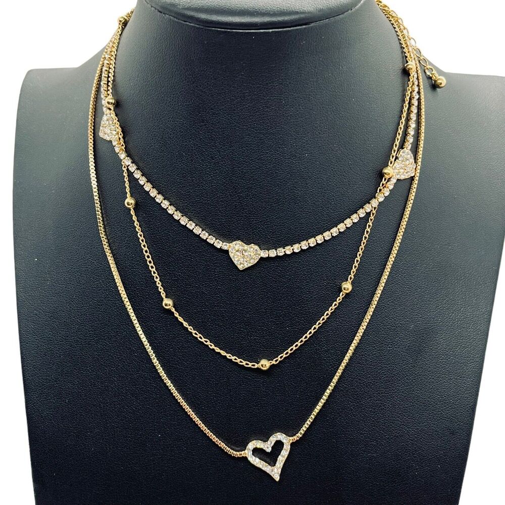 Valentine’s Heart Layering Necklaces Dainty Set of Three Gold Tone Sparkle Gift
